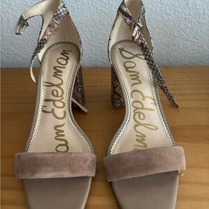 Sam Edelman Taupe Suede & Snake-Print Block Heel Sandals
